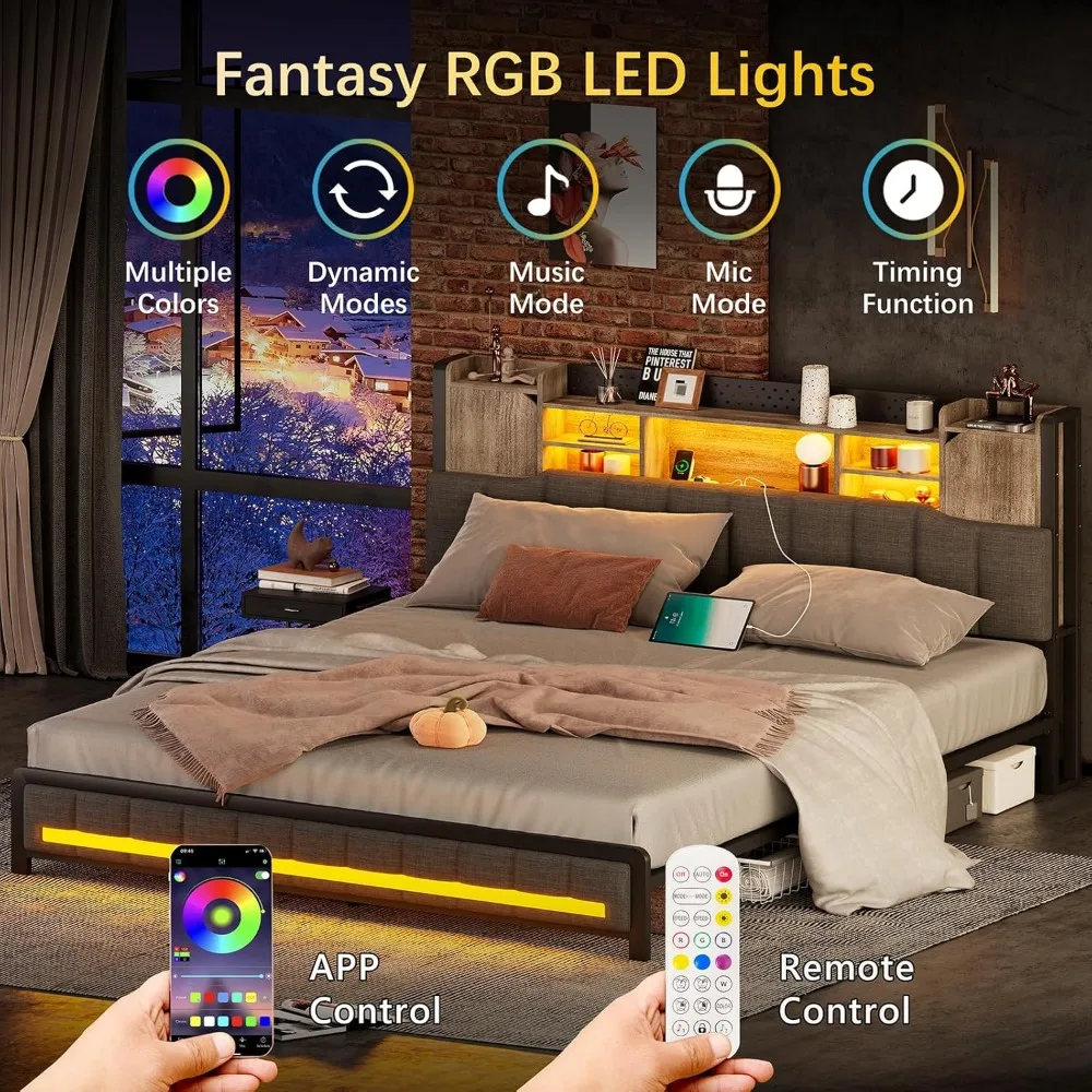 Rangka Tempat Tidur Queen dengan Rak Buku Penyimpanan di Kepala Tempat Tidur & Lampu LED, Rangka Tempat Tidur Berlapis Ukuran Queen dengan Stasiun Pengisian Daya USB, Berat