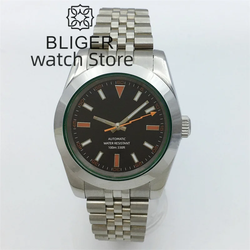 BLIGER 39mm NH35 PT5000 Automatic mechanical Polished Men's Watch Green Sapphire Glass Black dial Lightning Hands 316L Bracelet