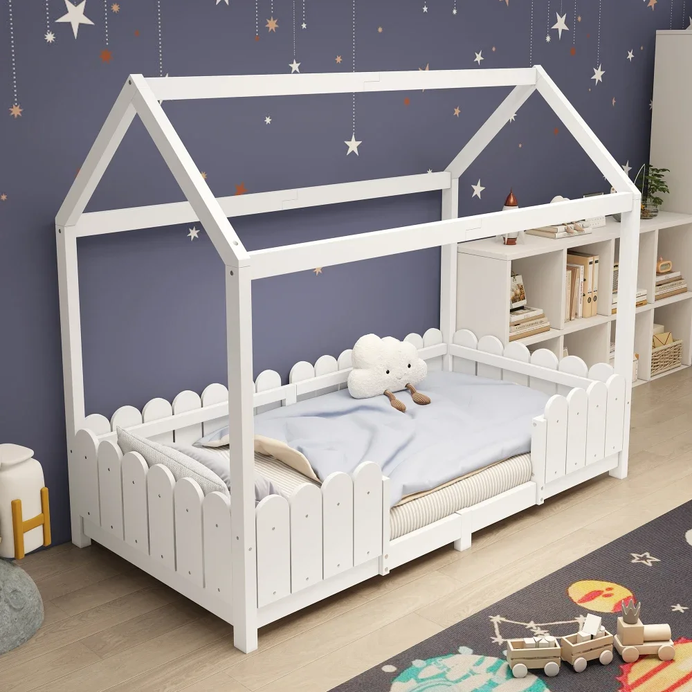 Letto casa 90x200 cm - versatile letto per bambini in legno per ragazzi e ragazze - con protezione anticaduta e rete a doghe - bianco