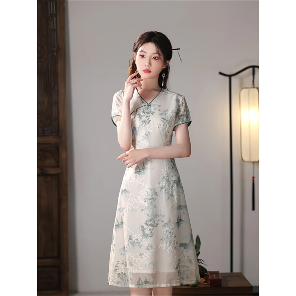 Cheongsam New Female Summer Chinese Improved Traditional Printed Dress Daily Young Style Girl Vintage Elegant Qipao Evening Gown