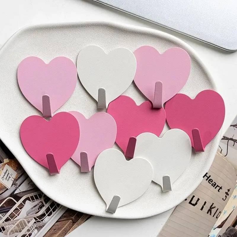 5Pcs Self Adhesive Wall Hooks Pink Heart Shape Stainless Steel Clothes Towels Hanger Sticky Key Hooks Cute Room Decor