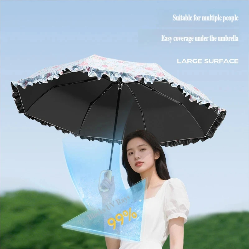 3 Fold Black Glue Lace Umbrella Loop Buckle Manual Fold UV Protection Dual Use Sun Rain Travel Parasol For Women