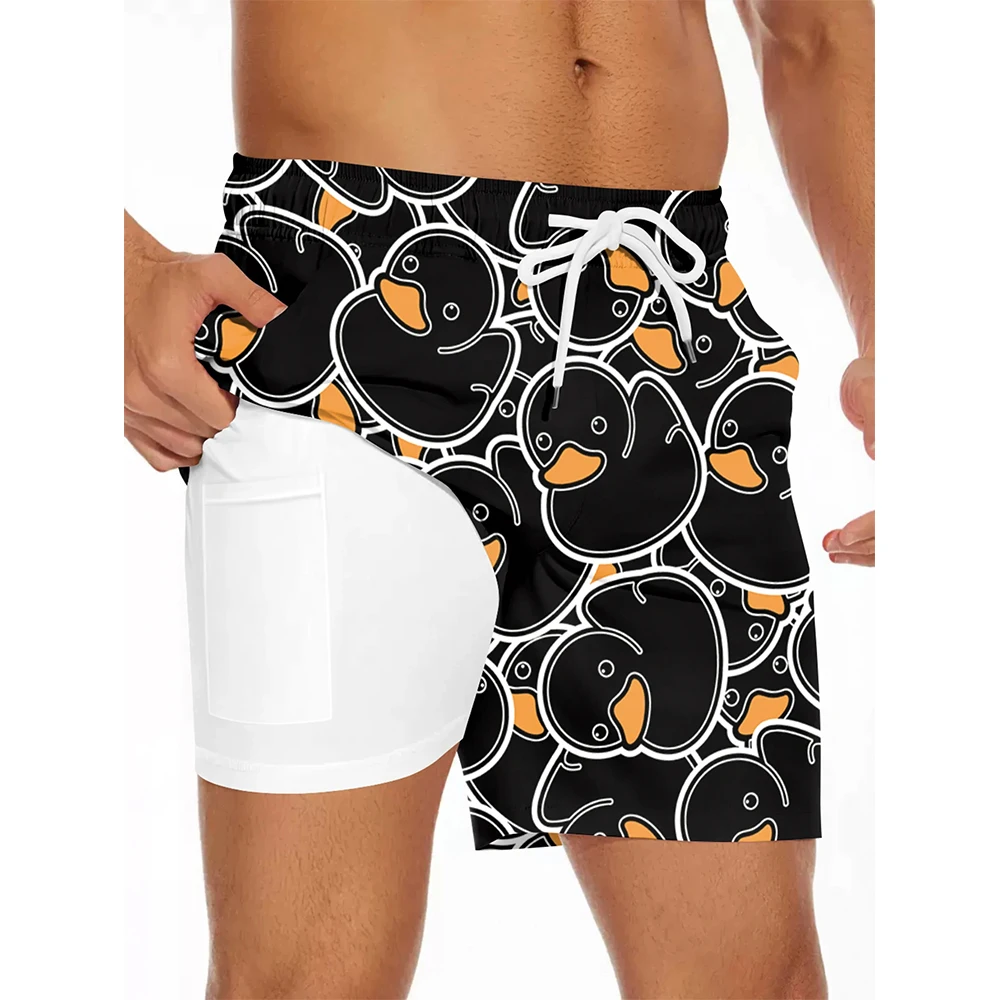 New Cute Yellow Ducks 3D Print Men's Quick Dry Double-layered Drawstring Shorts With Phone Pocket Design For Summer Beach Sports