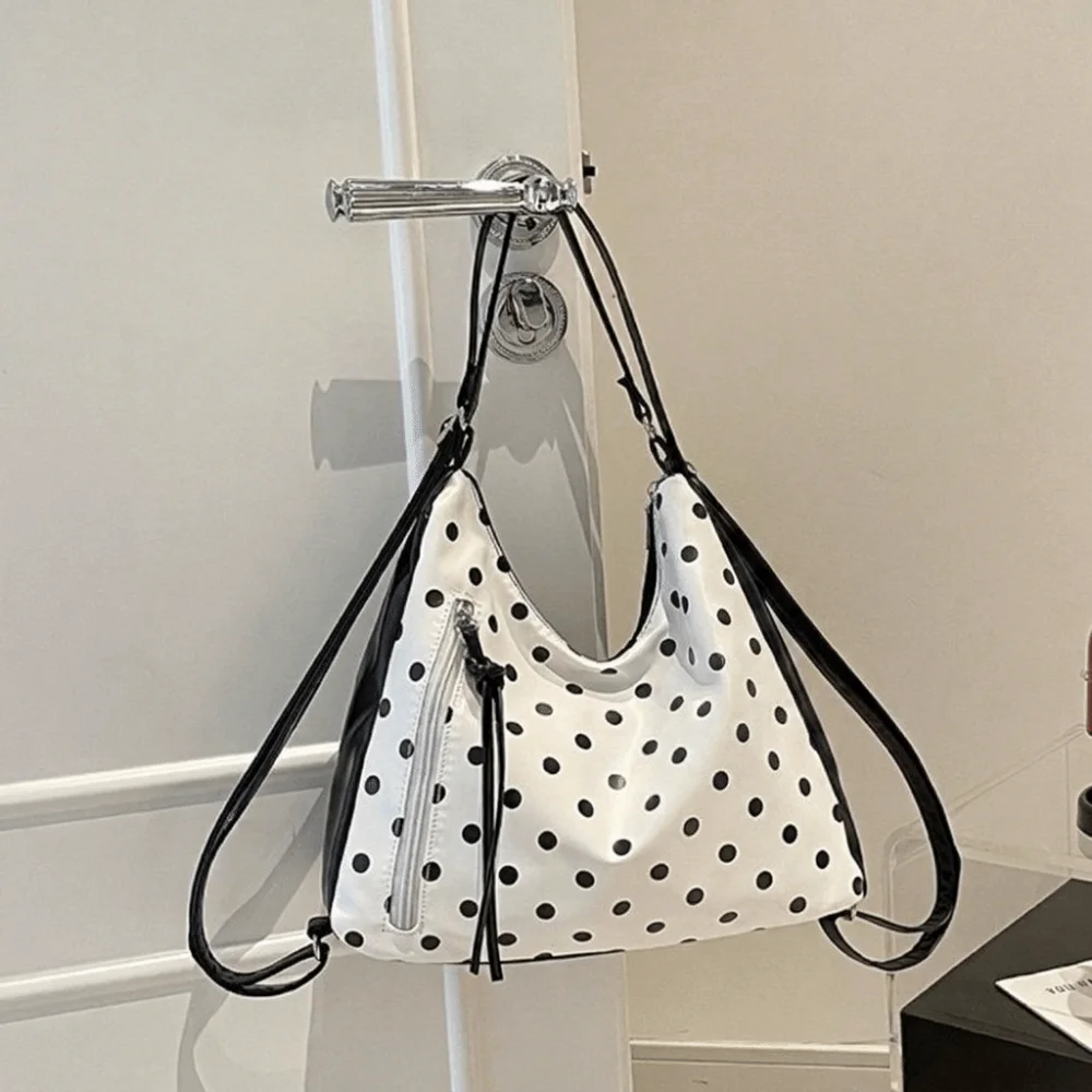 Vintage PU Leather Polka Dot Shoulder Bag Lightweight Large Capacity Tote Bag Backpack Underarm Bag Bucket Handbag Shopping