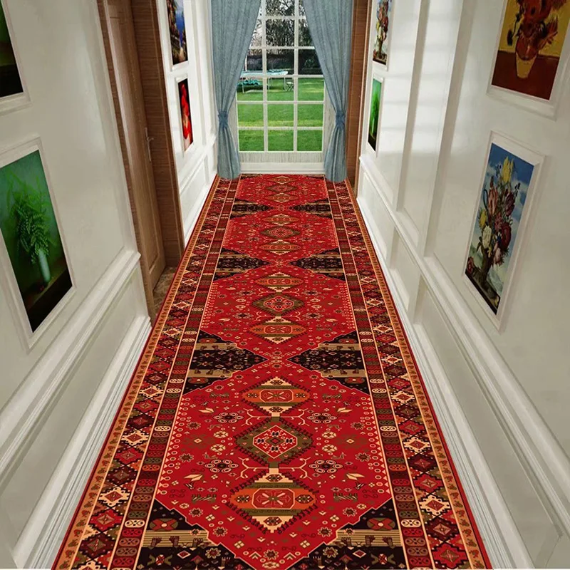 Persian Style Corridor Hallway Carpet Rug National Living Room Area Rug Passageway Bedroom Mat Flannel Anti-slip Kitchen Mat