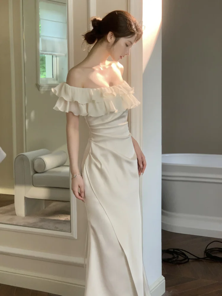 

Elegant Woman Chic Satin Mermaid Evening Dress Korean Ruffles Slash Neck Slim Fit Party Dresses Fashion Solid Vestido Midi Robe