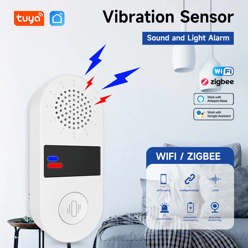 Tuya WIFI Schall-Licht-Vibrationsalarm 130DB Intelligenter Sensor Tuya Smart Life App Benachrichtigung Echtzeit-Bewegungs- und Erschütterungsalarm mit Aufzeichnung