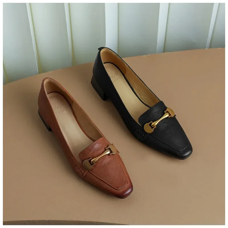True Soft Leather Single Shoes Women 2024 Spring New Square Head Middle Heel Thick