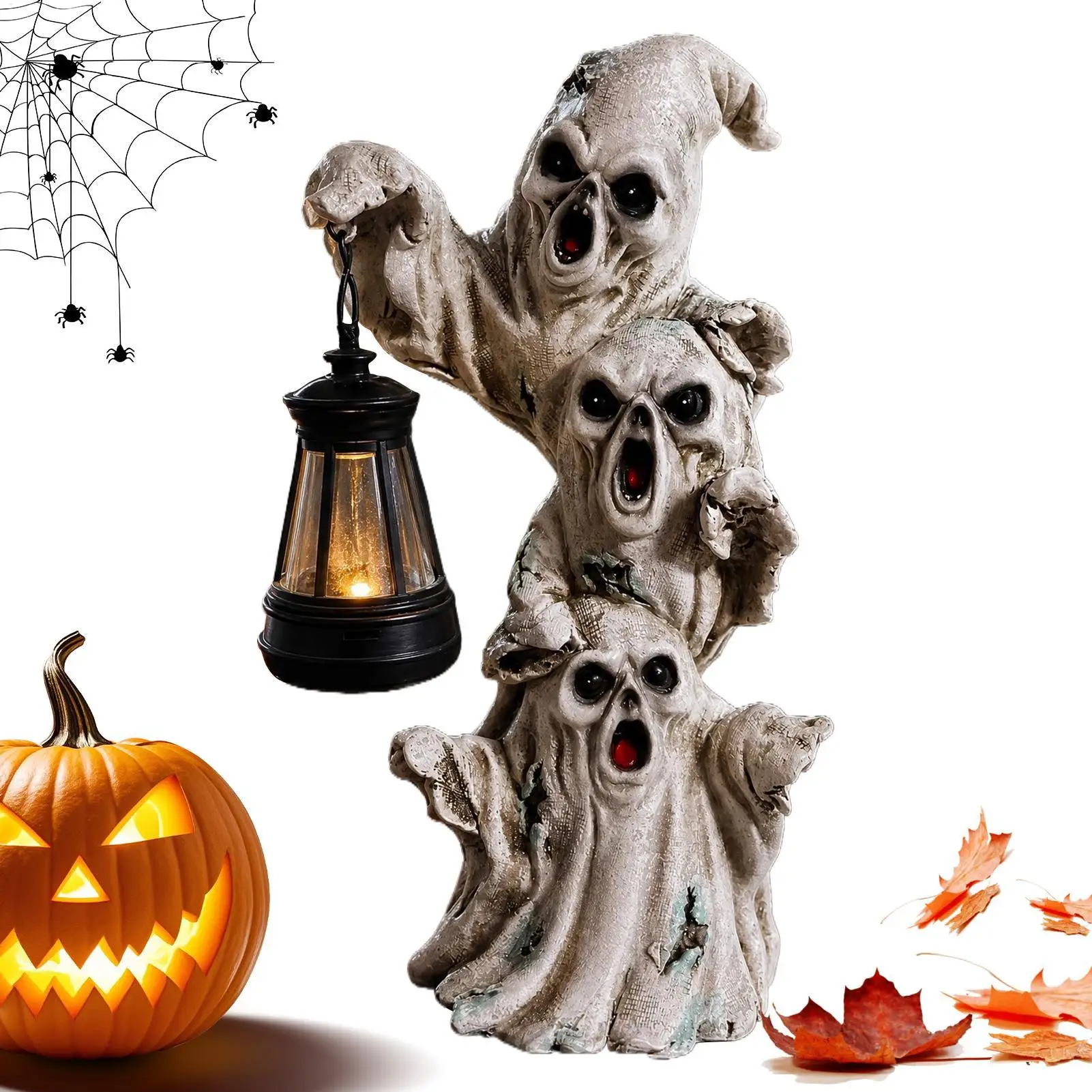 Solar Ghost Lights Cute Resin Halloween Glowing Art Decoration Desktop Fireplace Ghost Statue for Outside Backyard Lawn Patio