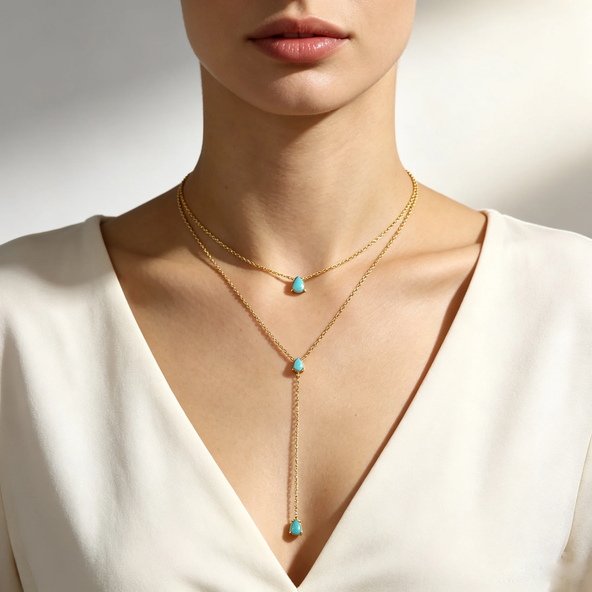 Gold Color Bling Turquoise Stone Paved Double Layered Long Chain Drop Necklaces For Women Luxury Fashion Party Gift Sexy Jewelry