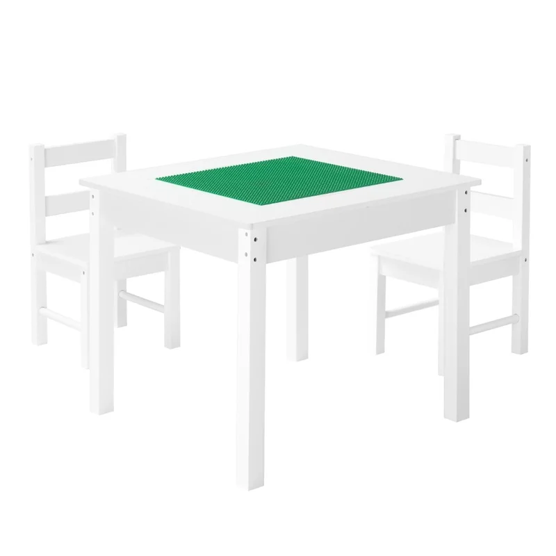 Kids Activity Table with 2 Chairs, Double-Sided Building Blocks Top, Storage for Toddlers 3+, White