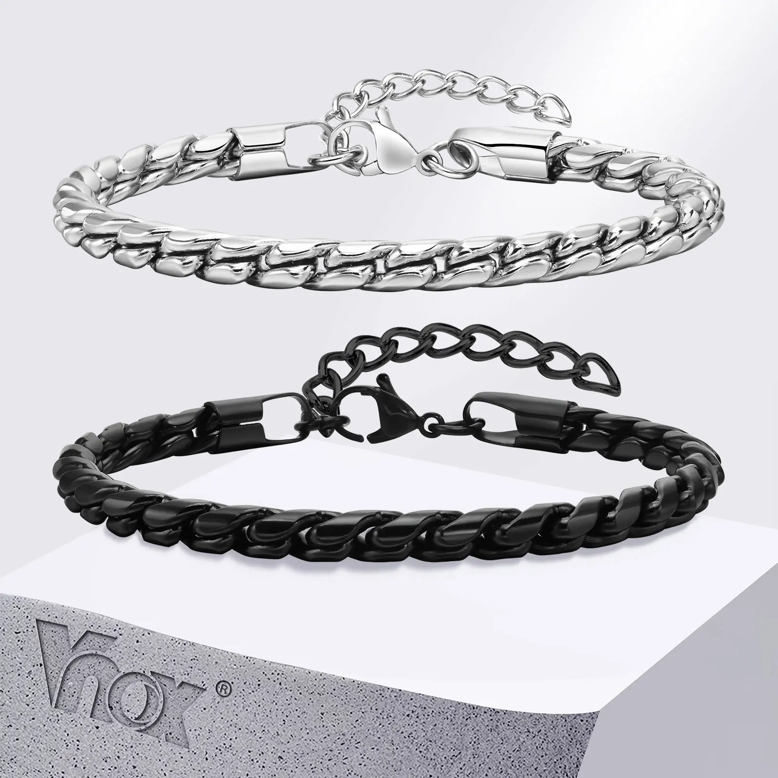 Vnox Punk Men Snake Link Chain Bracelets, Black Silver Color Twisted Stainless Steel Glossy Chain Bracelet, Comfort Wear Jewelry