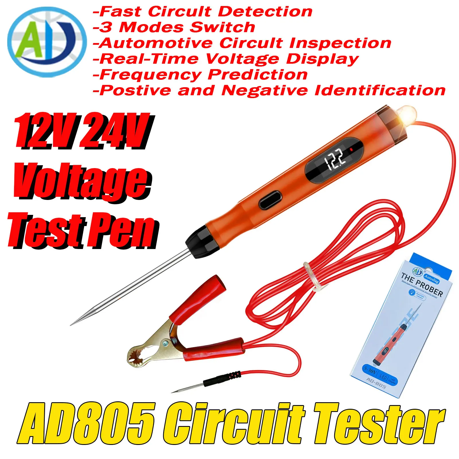 

AutoDiag New AD805 Car Circuit Tester Pen DC Digital Display LED 12V 24V Load Polarity Voltage Test Pen Electrical Circuit Probe