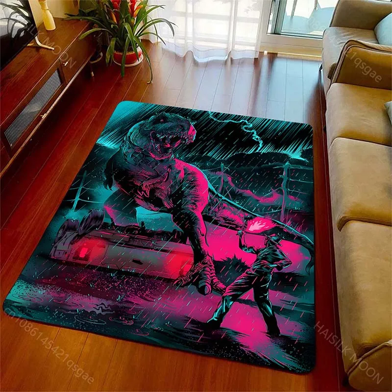1PC Giant dinosaur confronts human in rain Print Carpet Rug for Living Room Bedroom Sofa Doormat Home Decor Non-slip Floor Mat