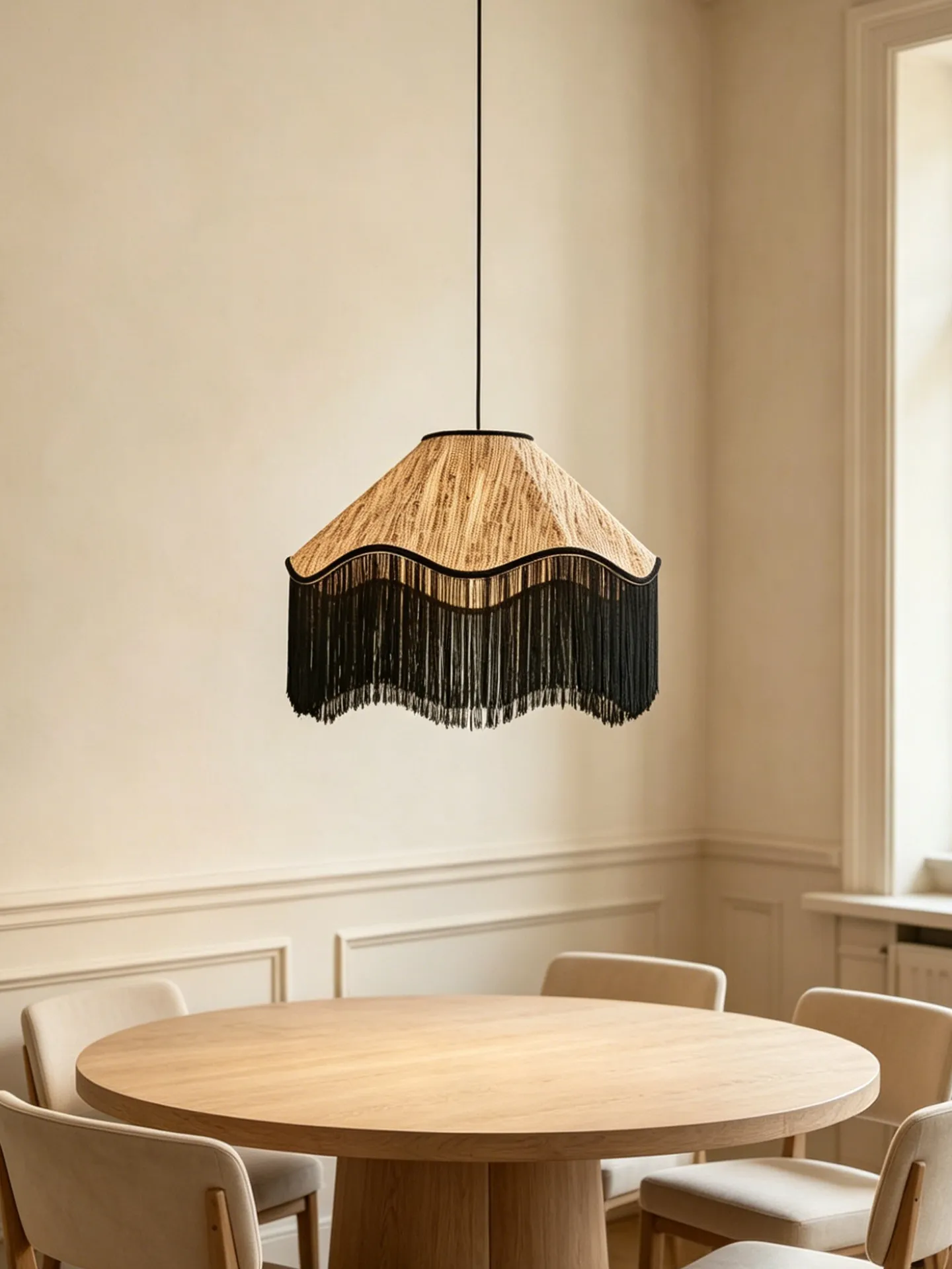 Boho Woven Tassel Pendant Light Black Wave Fringe E27 Shade For Dining Bedroom Cafe Wabi Sabi Ceiling Decor