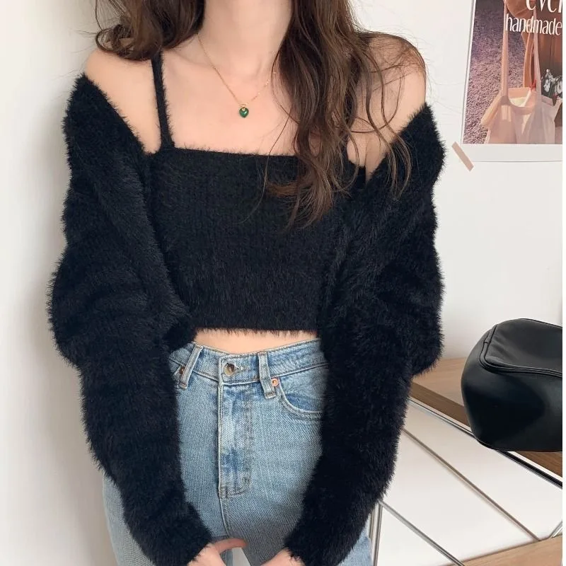 Tender Korean Style Sets Women Hotsweet Knitted Stylish Autumn Cardigans Pure Color Simple Crop Tops Camisoles Elegant Two Piece