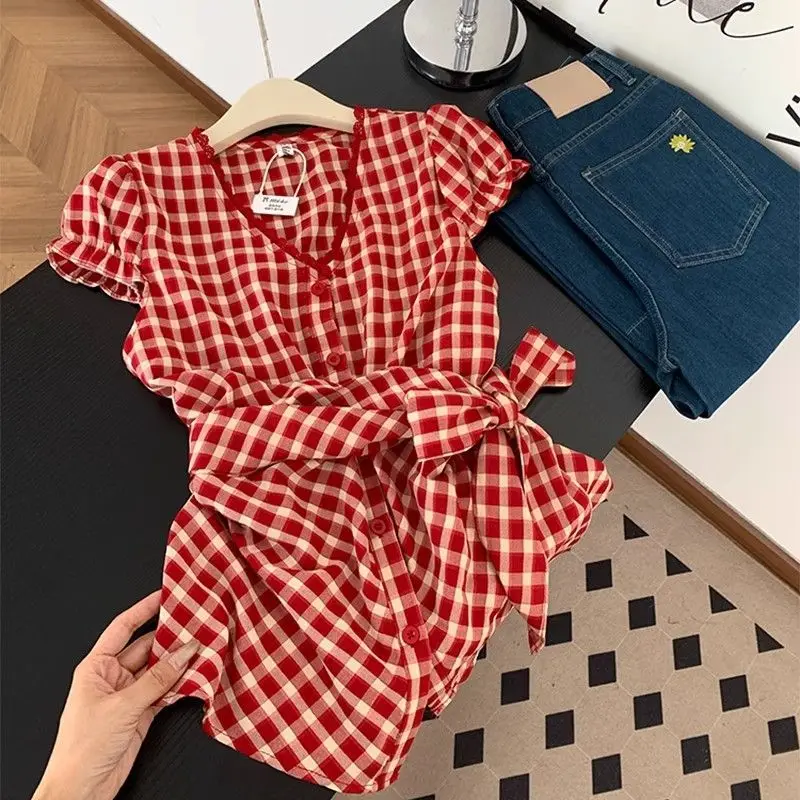 프랑스어 달콤한 격자 무늬 짧은 소매 셔츠 여성 여름 나비 넥타이 허리 슬리밍 크로프트 탑