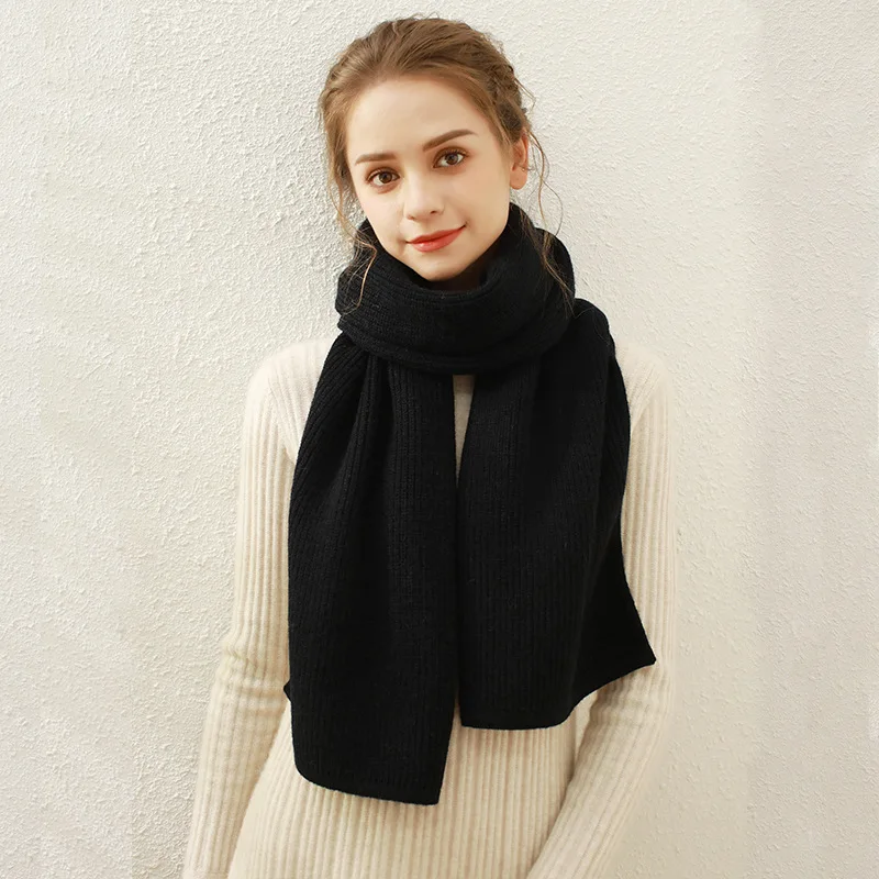 Pure Color Rib Knit Scarf Female Cashmere Warm Long Muffler Winter Woolen Yarn Scarves Women 170cm