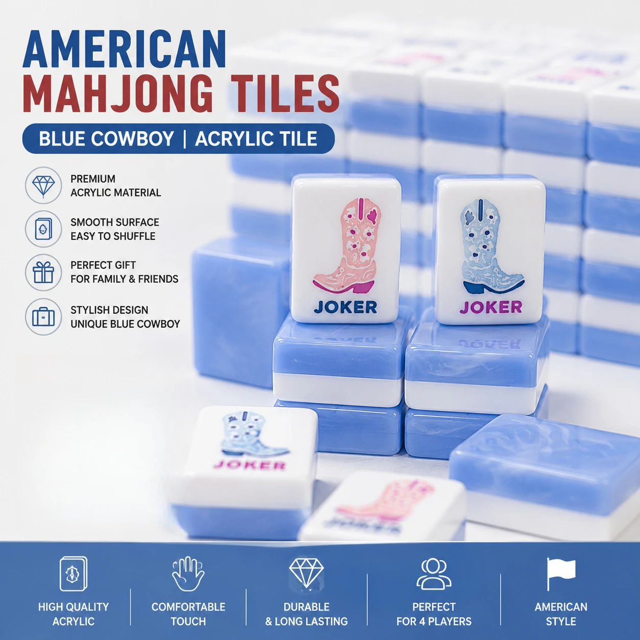 Blue Acrylic Mahjong Tiles Set,Crystal Bubble Style American Mahjong Game Pieces,Family Party Board Game Gift Set