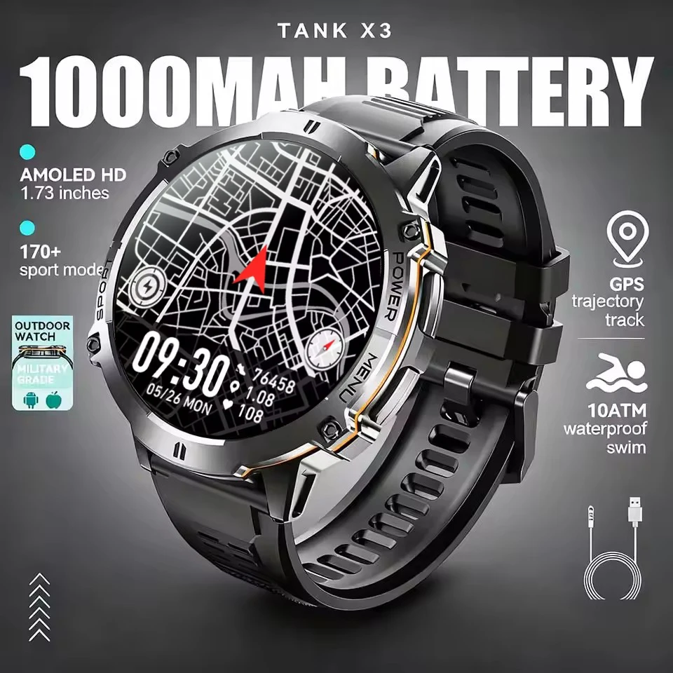 

2025 New Men TANK X3 Smart Watch 1000mAh Large Battery GPS Track 10ATM Waterproof Bluetooth Call 1.73-inch AMOLED HD Smartwatch