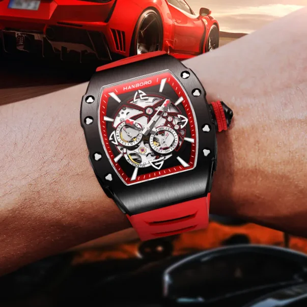 

HANBORO Мужские автоматические часы Tonneau Корпус Механические наручные часы 50 м Водонепроницаемый резиновый ремешок Светящийся скелетонизированный циферблат Miyota82S7