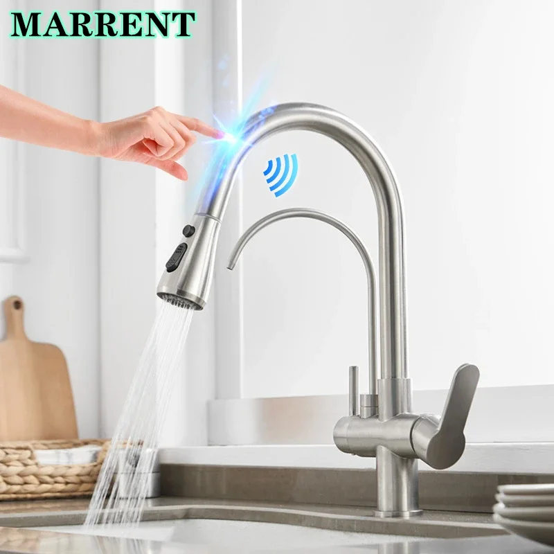 Sensor Touch Filter Kitchen Faucets Hot Cold Pull Out Kitchen Sink Mixer Tap 3 Ways Brushed Nickel Touch Kitchen Mixer Faucet