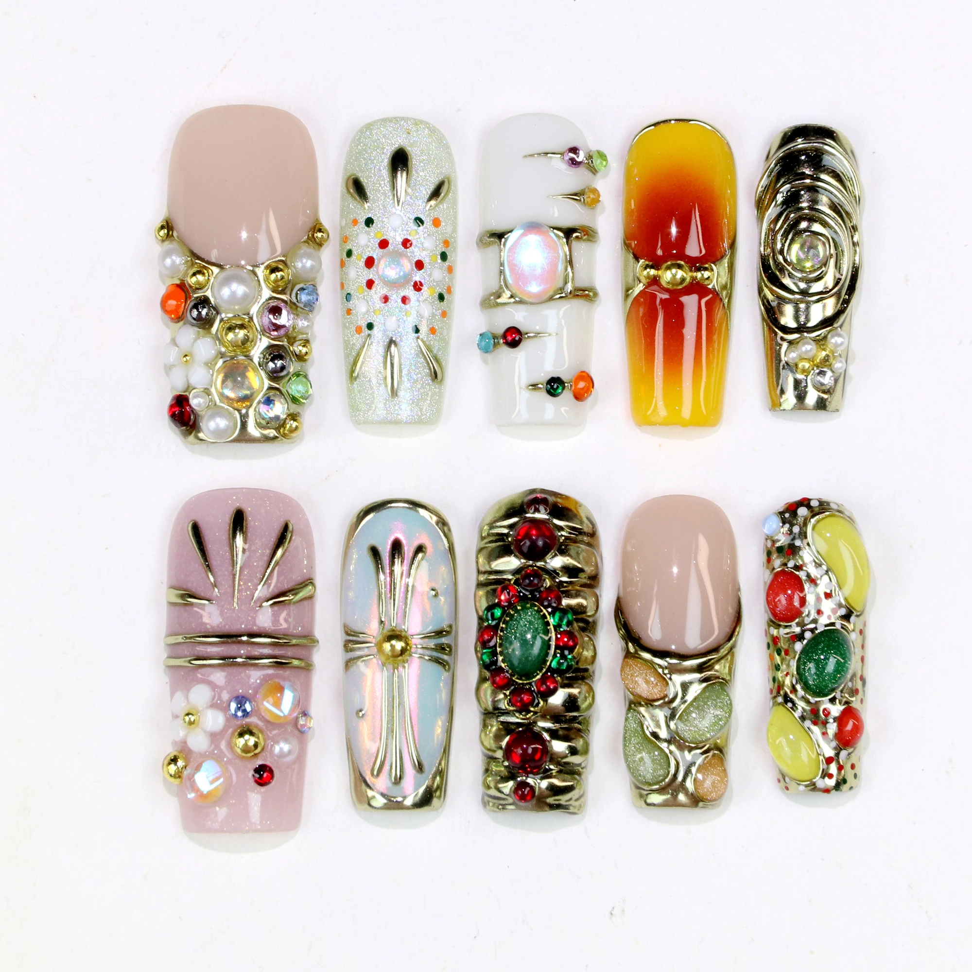 

10Pcs 3D beautiful handmade Manicure Press On Nails,Acrylic Fake Handpainted Long Coffin Flowers Reusable Luxury Nail Art