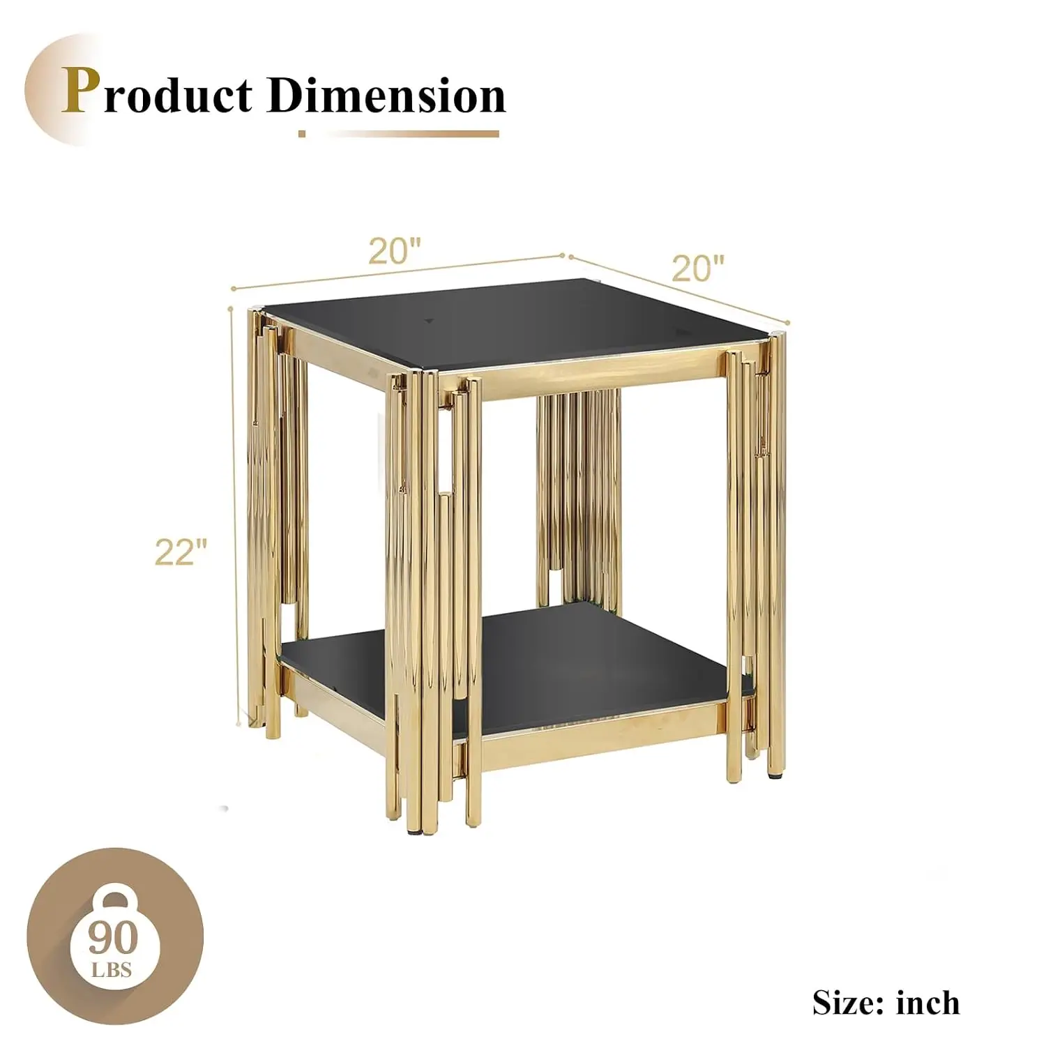 Luxury Gold Glass End Table,Sqaure Sofa Side Table with Shiny Geometric Stainless Steel Base,Black Glass Accent End, Customized