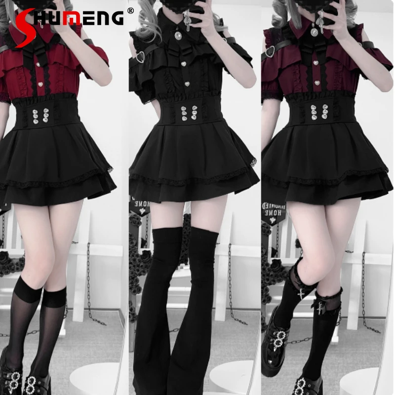 

Original Japanese Style Mine Mass-Produced Short-Sleeve Shirt Summer New Girl's Sweet Cute Bow Lolita Shirt Top Short Skirt Set