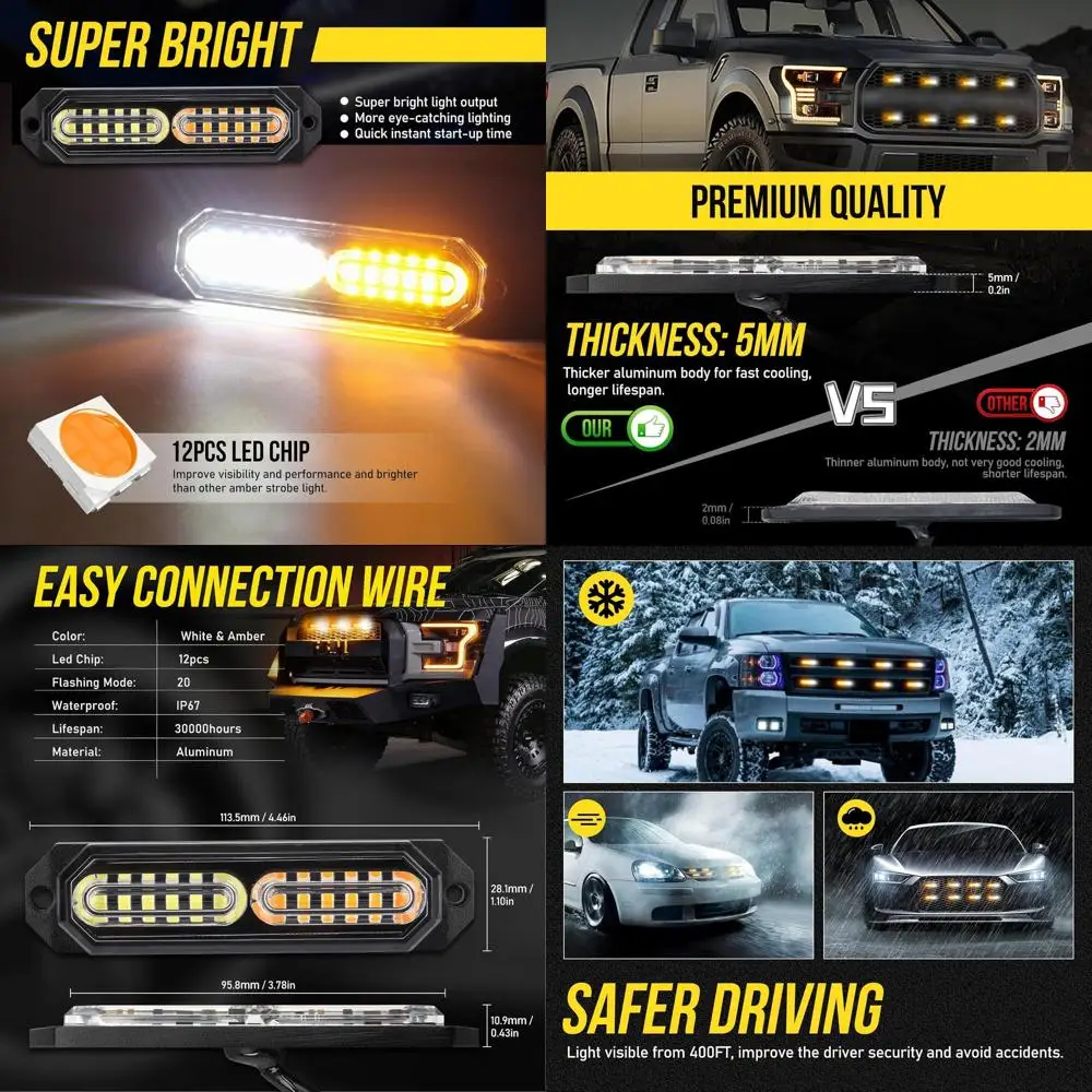 

9-Mode 12-LED Surface Mount Emergency Light Bar with 9-Key Switch, White & Amber, Pack of 8 for Construction Vehicles