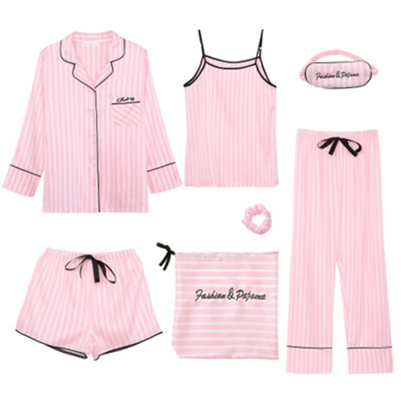 Spring Autumn 7 Pieces Set Silk Elegant Women Pajamas Print Shorts Long Sleeve Top Elastic Waist Pants Lounge Sleepwear