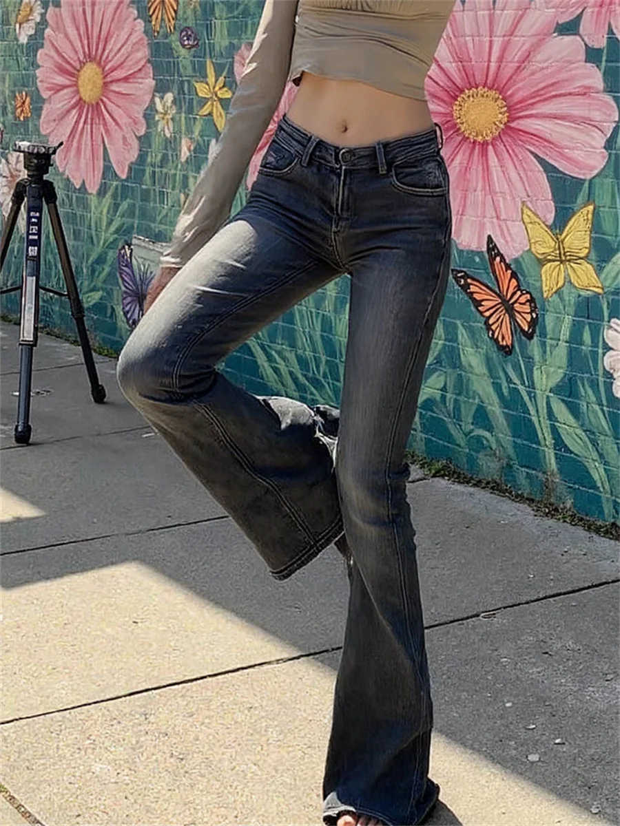 Women'S Low Rise Flared Jeans Blue Oversize Ripped Denim Vintage 2000S Streetwear Fashion Female Baggy Wide Leg Y2K Trousers