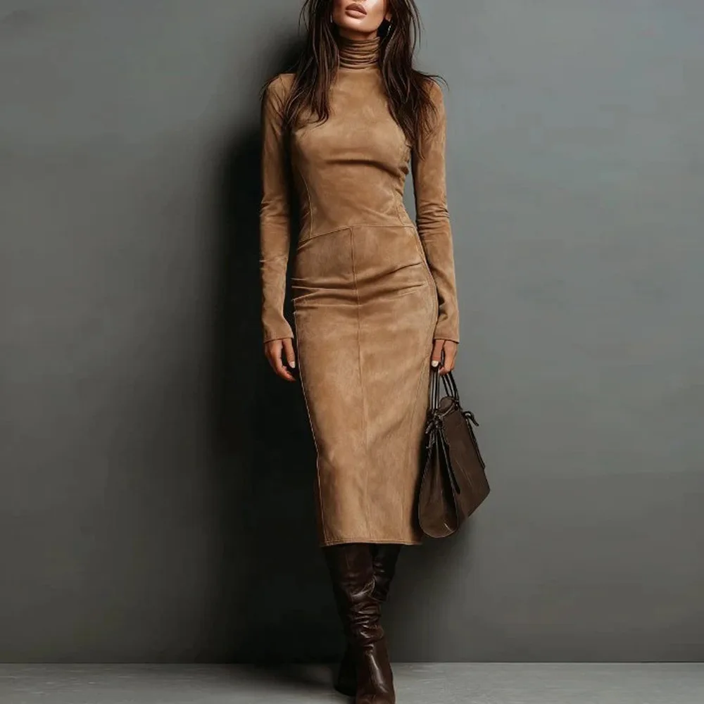 

Women's Slim French Dress Long Sleeve High Collar Patchwork Slim Fashion Classic Evening Hip Cover Slit Female Midi Dress