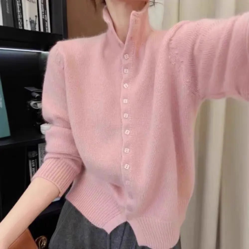 New 100% Merino wool true knit cardigan women's semi high neck sweater slim fit exquisite autumn and winter season coat sweater