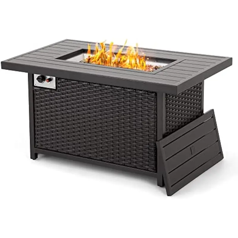 Propane Fire Pit Table 48 Inch Rectangular Outdoor Heating Unit with CSA Certification 50000 BTU Clean Flame Glass Pebbles Lid I