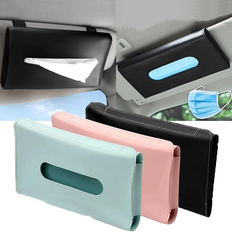 Caja de pañuelos para parasol de coche, soporte para caja de pañuelos de cuero PU, caja de almacenamiento para máscara, decoración Interior de coche, accesorios para automóvil