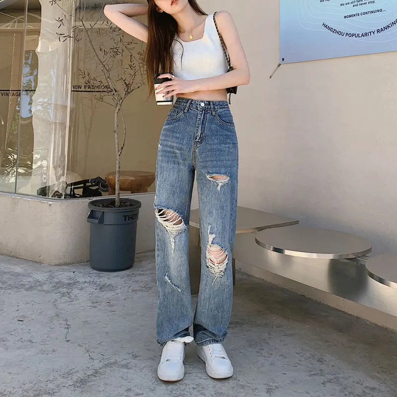 Open Crotch Outdoor Sex Summer Ins Retro Ripped Jeans High Waist Boyfriend Jeans Women Baggy Wide Leg Denim Trousers Streetwear