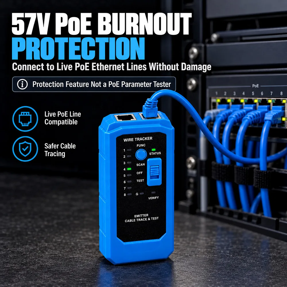 Tester do lokalizowania kabli sieciowych RJ45 RJ11, cyfrowy lokalizator przewodów, lokalizator linii telefonicznych LAN, CAT5, CAT6, ochrona przed przepięciami PoE. — zdjęcie produktu 5