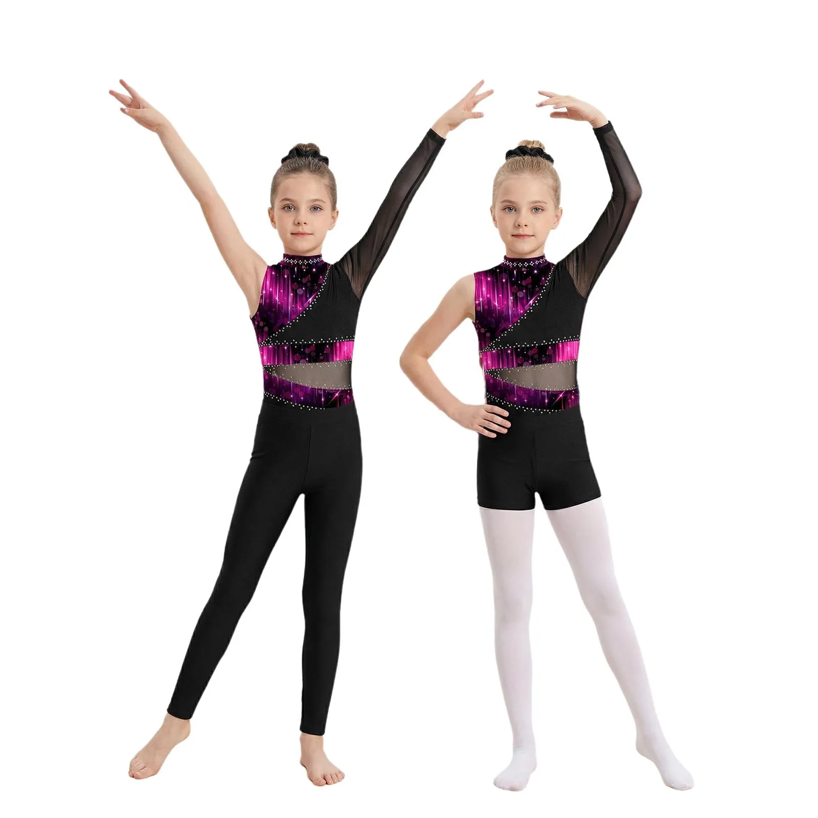 Girls Sparkly Rhinestone Gymnastics Leotard Outfits Ballroom Ballet Figure Skating Costumes Long Sleeve Bodysuit Shorts Suit