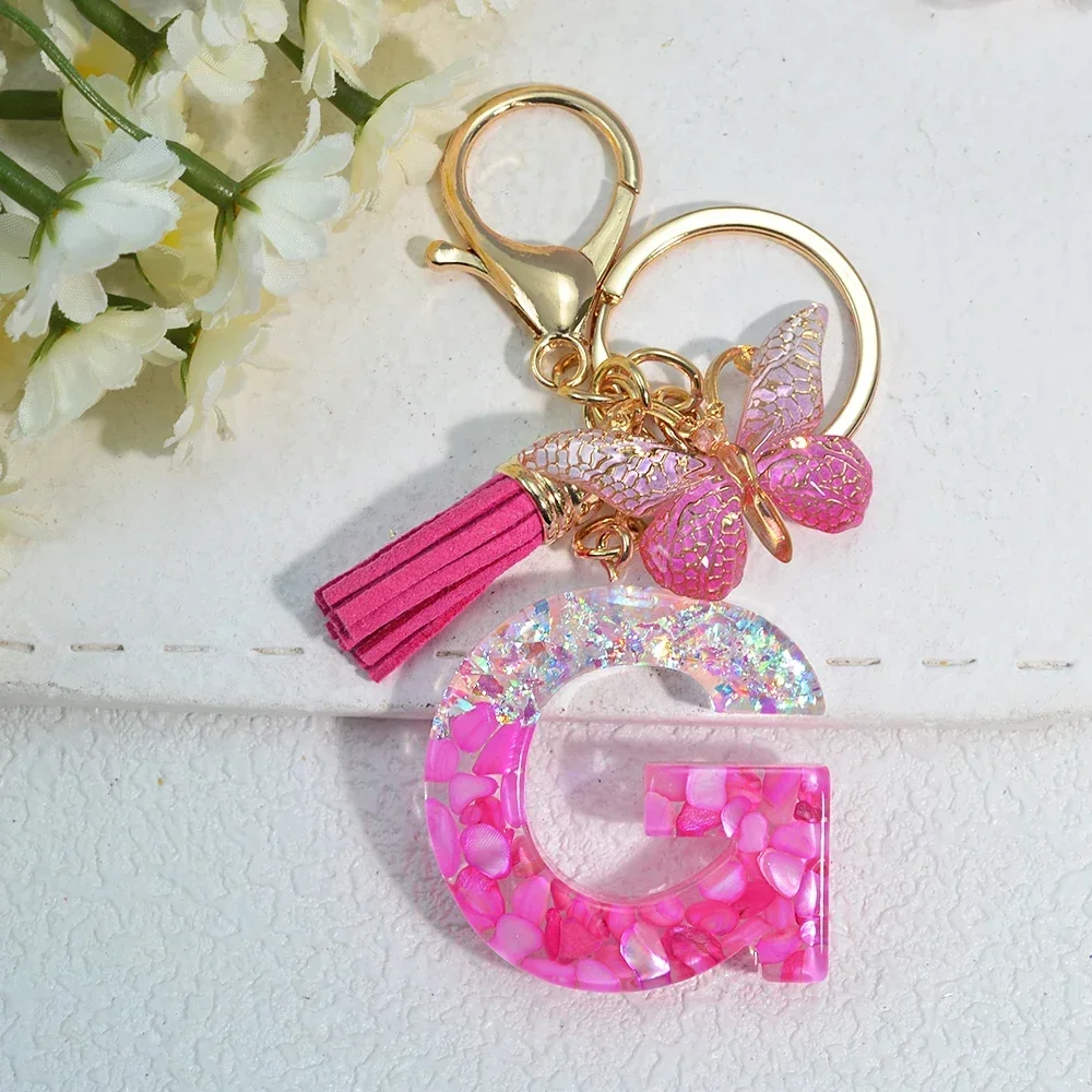 Pink Stone Filled Resin Letter Keychain A-Z 26 Initials Name Butterfly Tassel Pendant With Key Holder Luggage Backpack Tag Decor