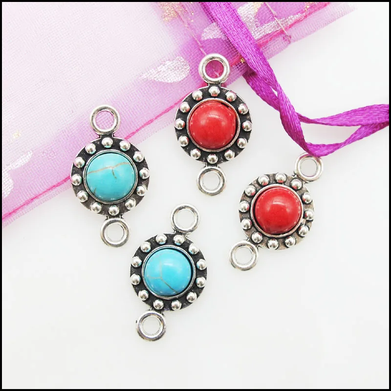 12 New Dots Charms Antique Silver Tone Round Blue&Red Stone Pendants Connectors 14x25mm