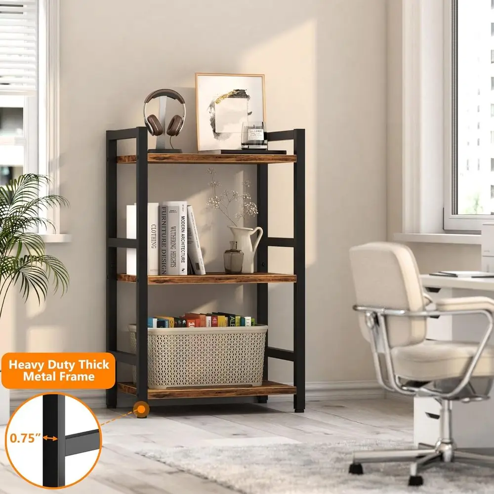 3-Tier Steel Frame Bookshelf - Compact Storage Organizer for Books, CDs, Movies in Rustic Brown