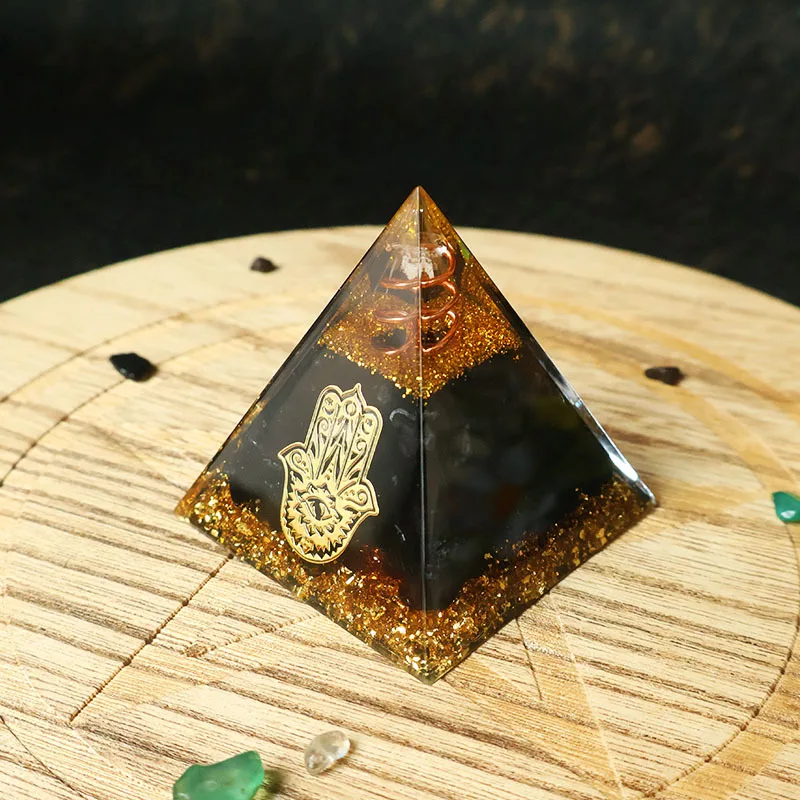 Picture 4: Hamsa Hand Resin Crystal Pyramid Black Obsidian Orgonite Pyramid Energy Meditation Blessing Home Office Judaica Protection Gift