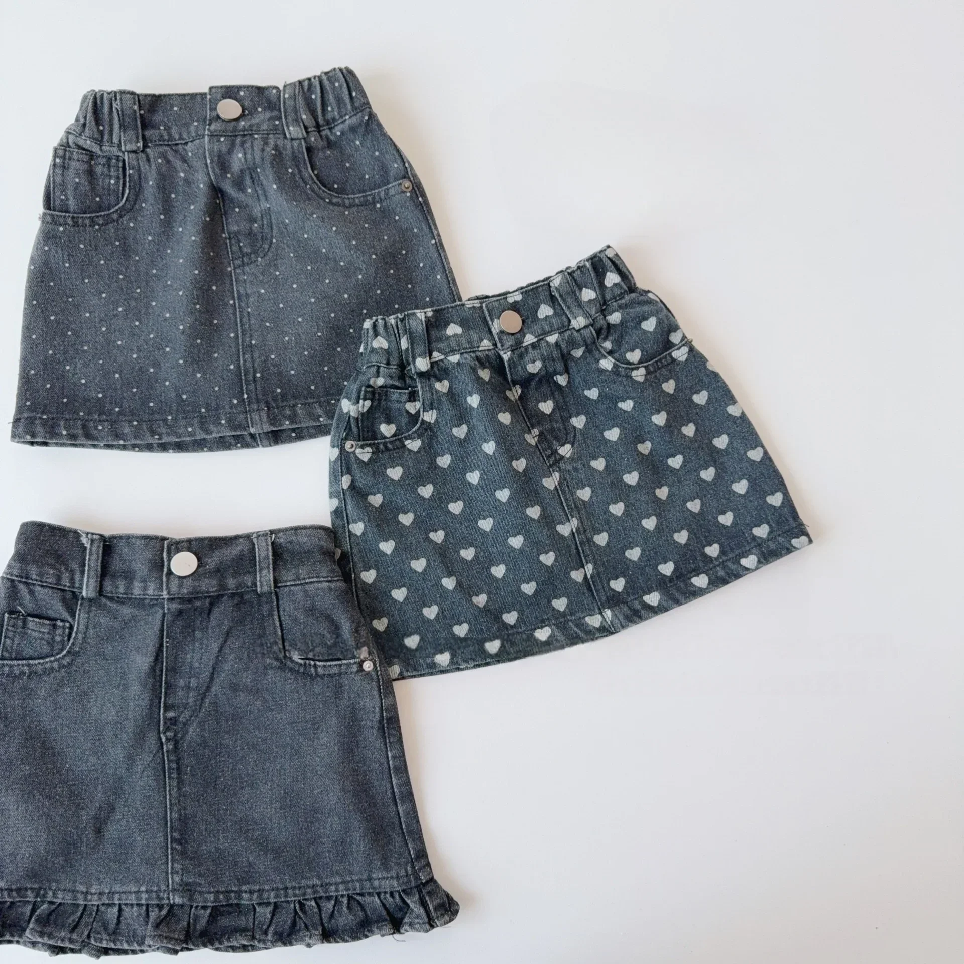 

2025 Spring/Summer New Kids' Clothing - Girls'Small Polka Dot Denim Shorts & Little Hot Girl Style Polka Dot Denim Skirt Pants