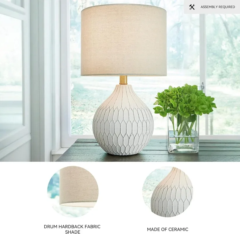 

Signature Design by Ashley Wardmont Contemporary Modern Table Lamp with Drum Hardback Fabric Shade, On-Off Switch, Ceramic