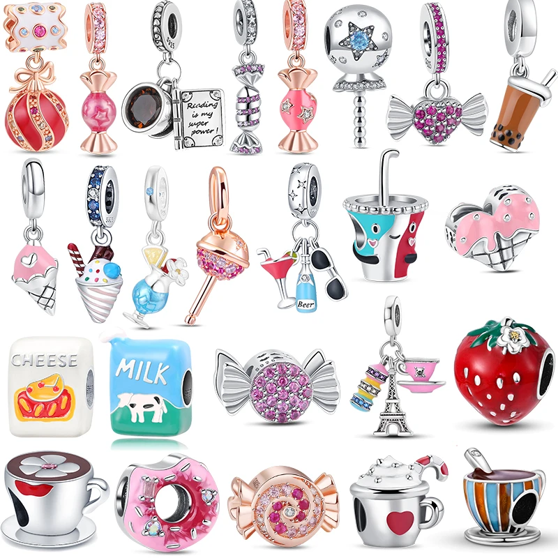 

New Charm Dangle 925 Sterling Silver Candy Glasses Cup Lollipop Doughnut Fit Original Pandora Bracelet Women Jewelry Making Gift