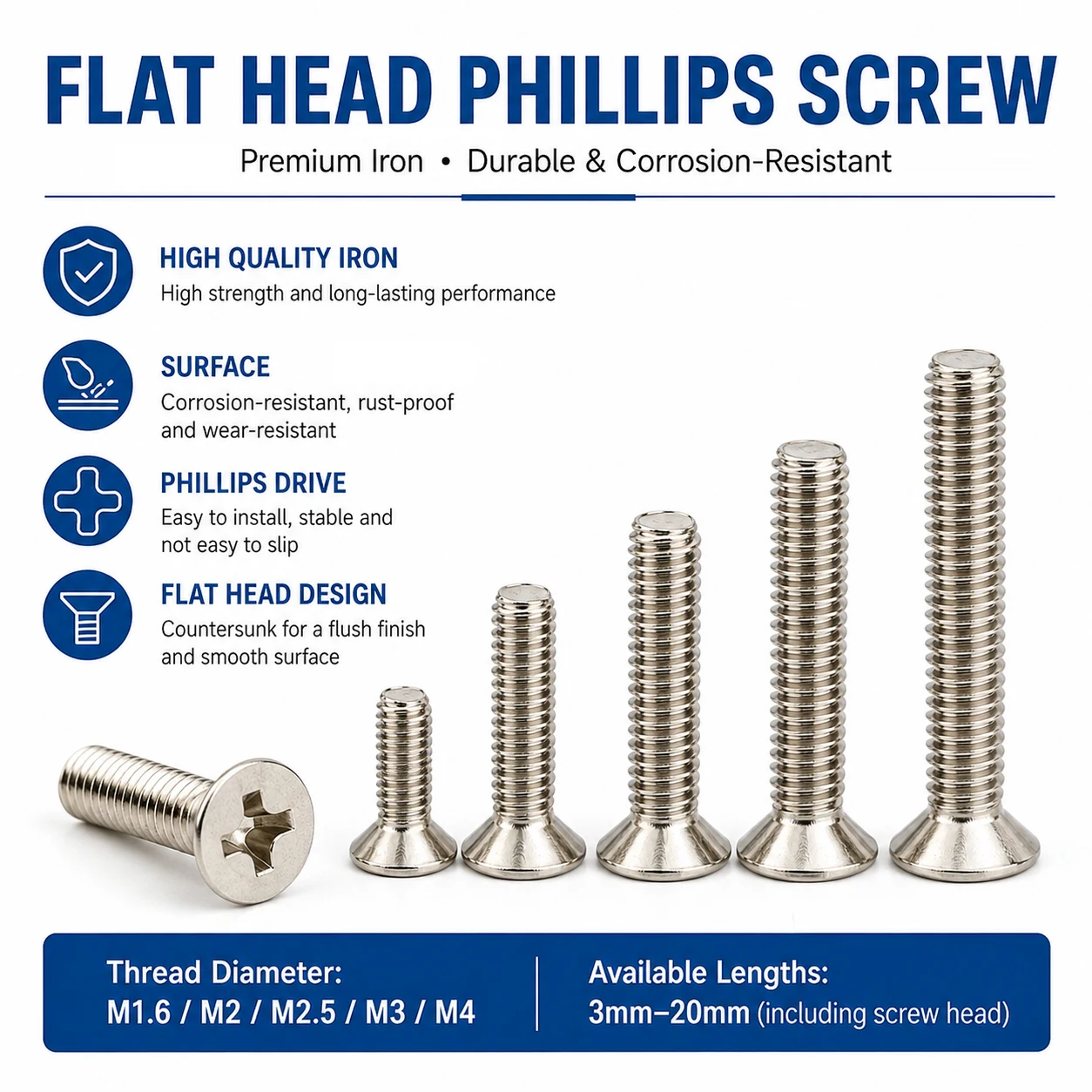 50/100Pcs Flat Head Machine Screws M1.6-M4, Iron Phillips Cross Recessed Countersunk Bolts with Protective Coating Fasteners