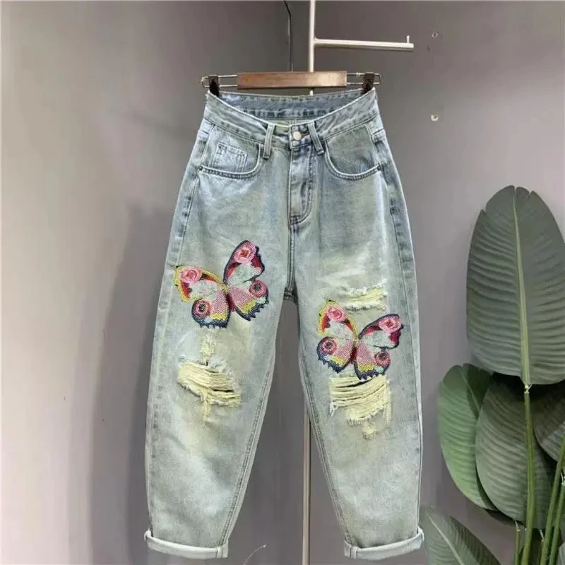 Women's Embroidered Butterfly Ripped Hole Jeans Casual Harem Denim Pants Fashion Large Size Loose Cowboy Ankle-Length Pants 5XL