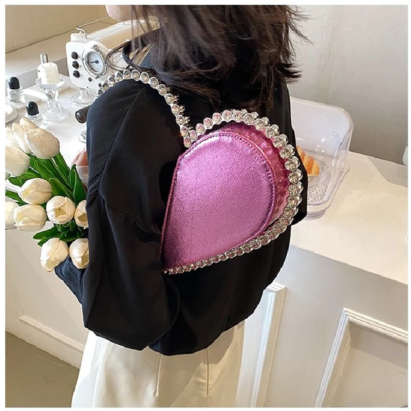 Heart Shaped Evening Diamond Clutch Bags for Women, Chic Metal Handle Rhinestone, Shiny Sequins Purse, Female Wedding Handbags