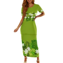 7XL Summer Island Style Samoa Puletasi Polynesian Tribal Clothing Tapa Print Lady O-neck Short Sleeve Women Two Piece Set